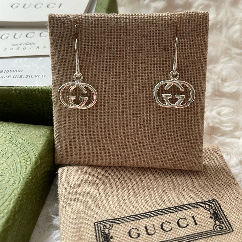 Authentic Gucci Britt Double G Drop Earrings in Sterling Silver